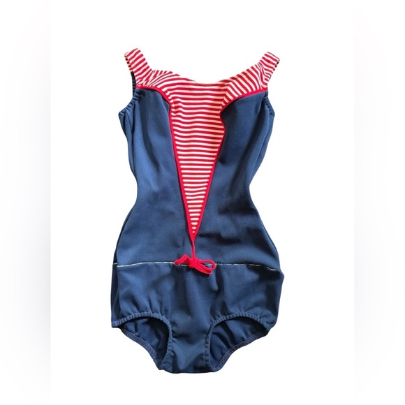 VTG 1960’s One Piece Knit Swimsuit Navy Red Sz 6/8 M Built in Bra Scoop Back - Picture 1 of 8